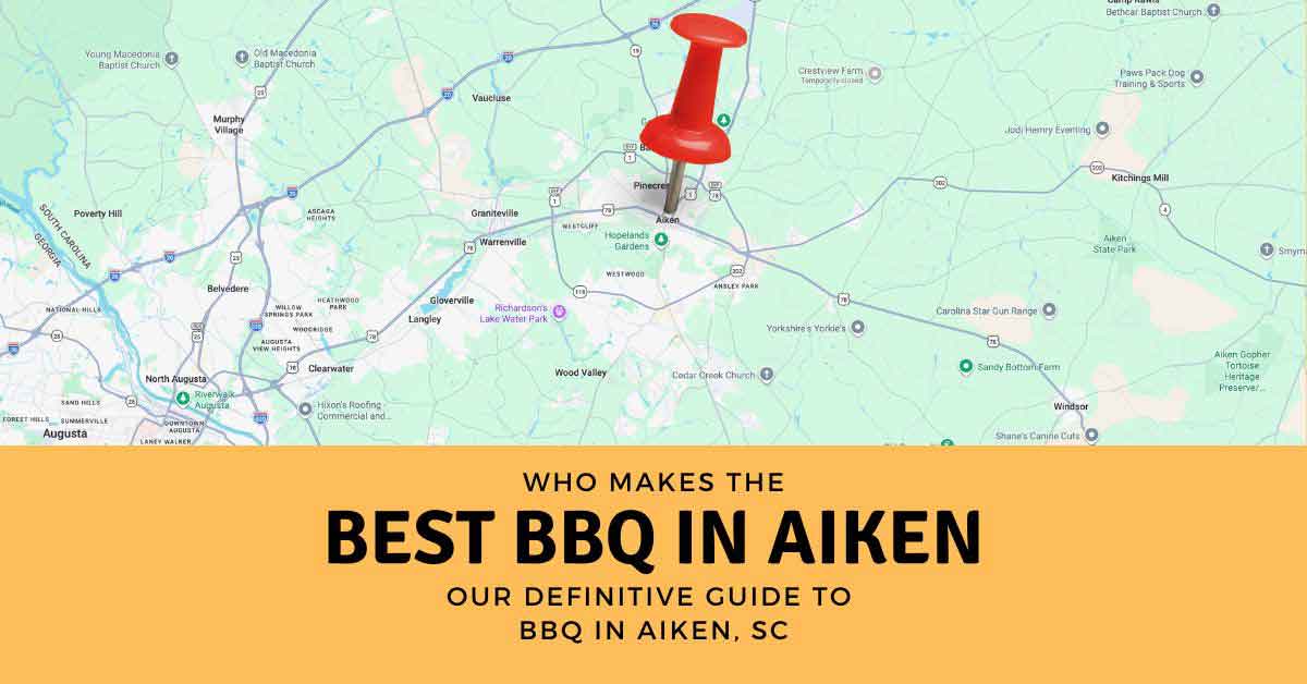 Illustrated map of Aiken, South Carolina, with a red map pin and the headline “Who makes the best BBQ in Aiken?”