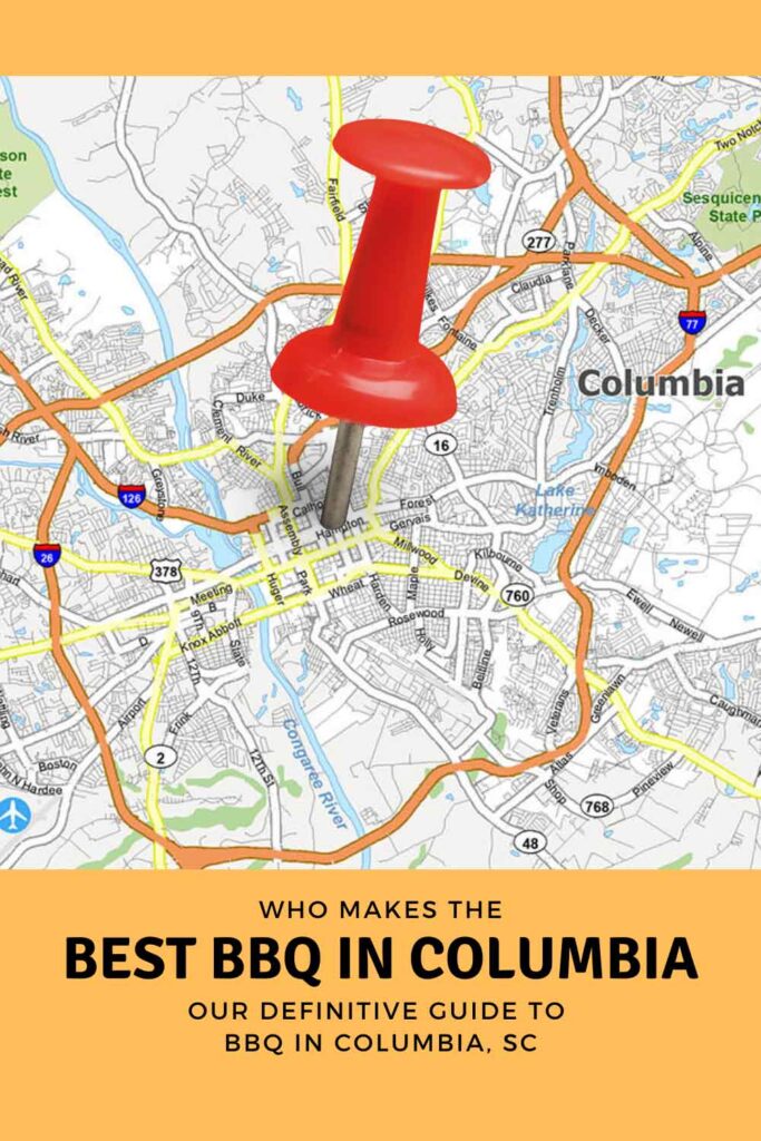 Illustrated map of Columbia, South Carolina, with a red map pin and the headline “Who makes the best BBQ in Columbia?”