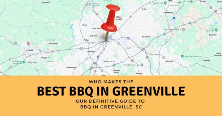 Illustrated map of Greenville, South Carolina, with a red map pin and the headline “Who makes the best BBQ in Greenville?”