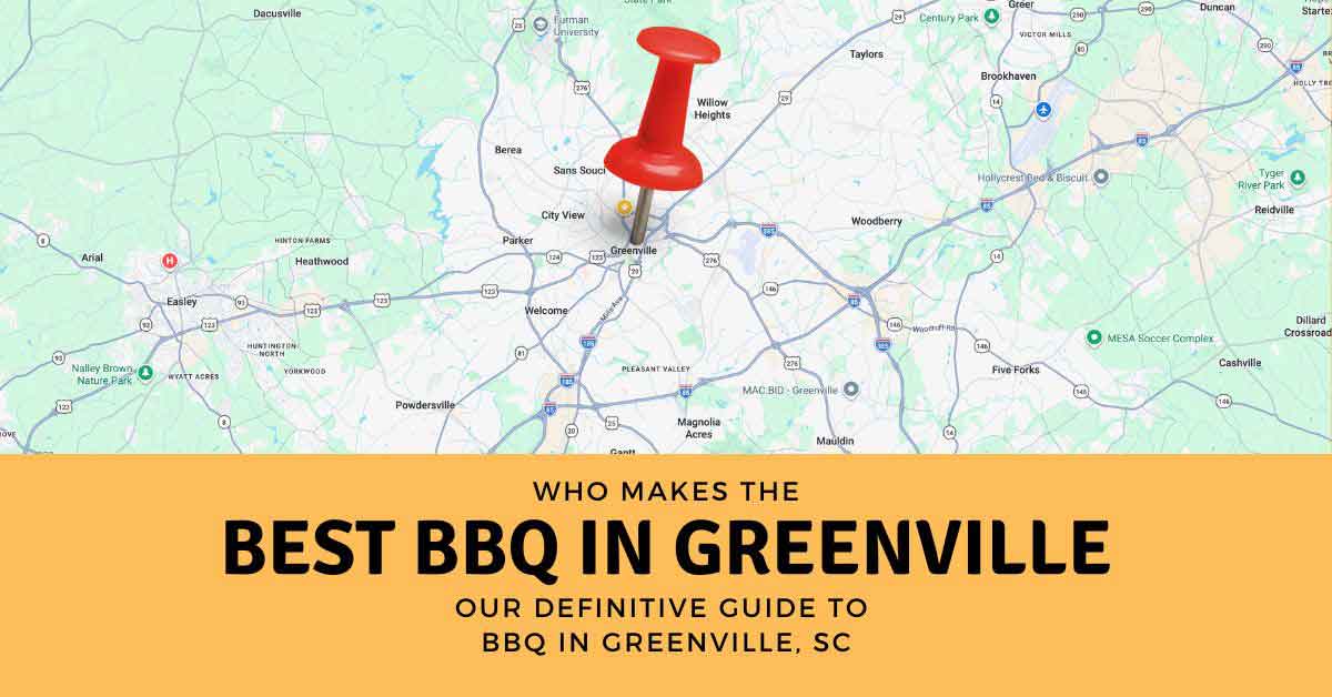 Illustrated map of Greenville, South Carolina, with a red map pin and the headline “Who makes the best BBQ in Greenville?”