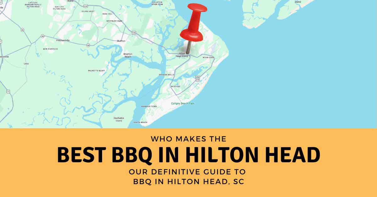 Illustrated map of Hilton Head, South Carolina, with a red map pin and the headline “Who makes the best BBQ in Hilton Head?”