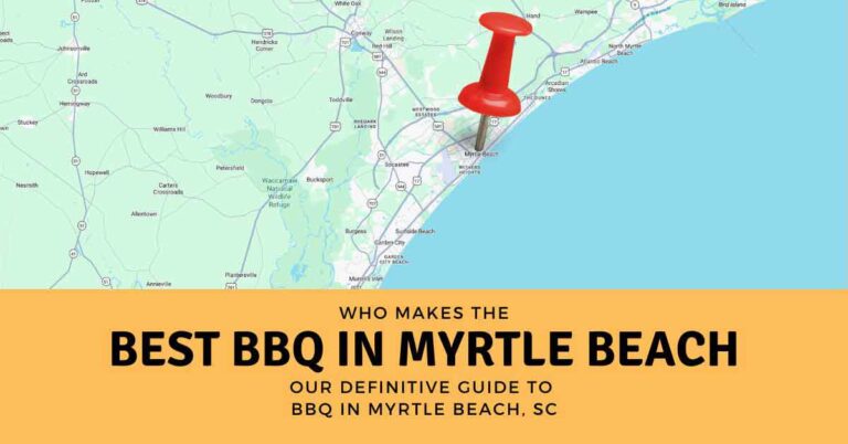 Illustrated map of Myrtle Beach, South Carolina, with a red map pin and the headline “Who makes the best BBQ in Myrtle Beach?”