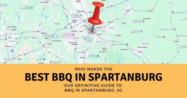 Illustrated map of Spartanburg, South Carolina, with a red map pin and the headline “Who makes the best BBQ in Spartanburg?”