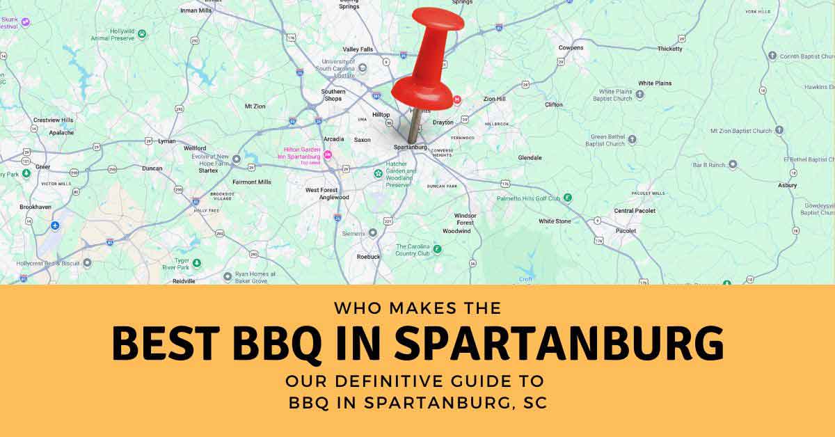 Illustrated map of Spartanburg, South Carolina, with a red map pin and the headline “Who makes the best BBQ in Spartanburg?”