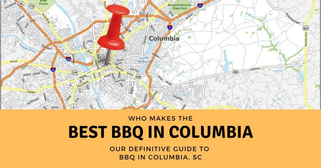 Illustrated map of Columbia, South Carolina, with a red map pin and the headline “Who makes the best BBQ in Columbia?”