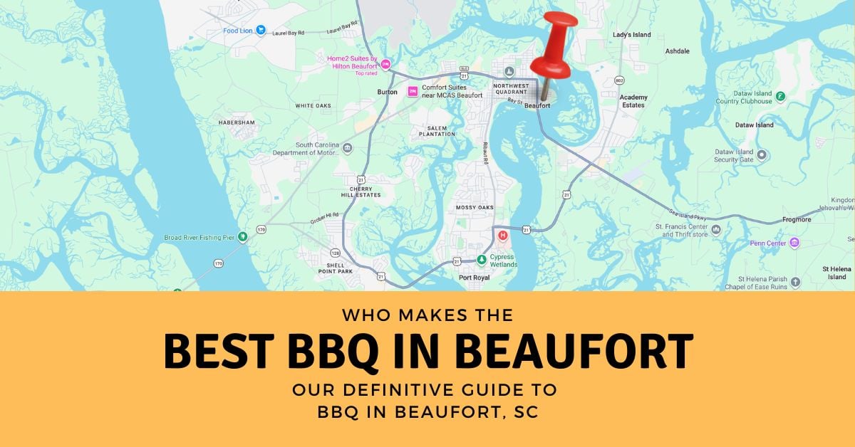 Illustrated map of Beaufort, South Carolina, with a red map pin and the headline “Who makes the best BBQ in Beaufort?”