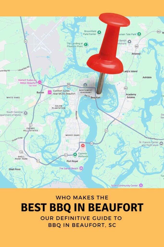 Illustrated map of Beaufort, South Carolina, with a red map pin and the headline “Who makes the best BBQ in Beaufort?”