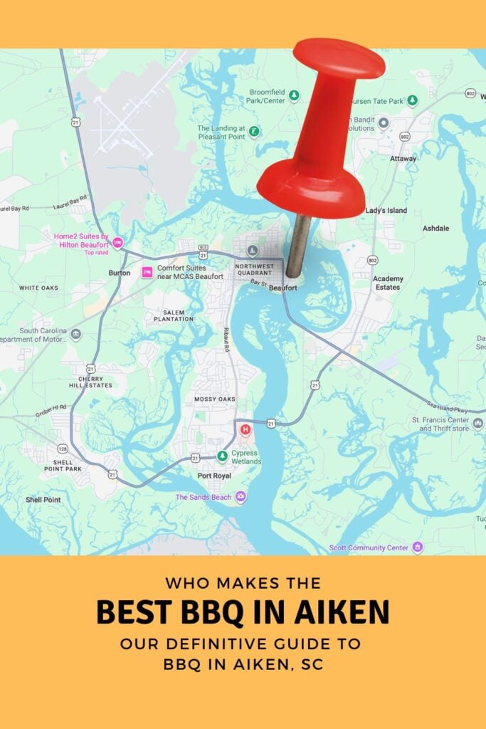 Illustrated map of Beaufort, South Carolina, with a red map pin and the headline “Who makes the best BBQ in Beaufort?”