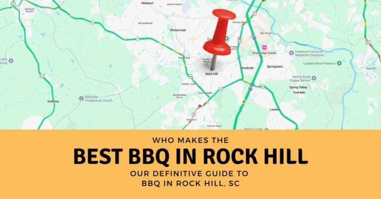 Illustrated map of Rock Hill, South Carolina, with a red map pin and the headline “Who makes the best BBQ in Rock Hill?”