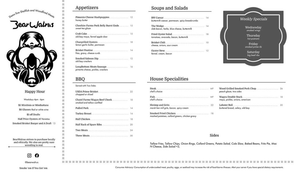 Dinner menu for BearWalrus.