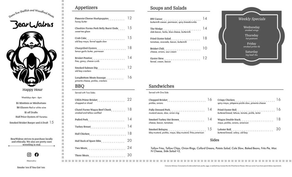 Lunch menu for BearWalrus.