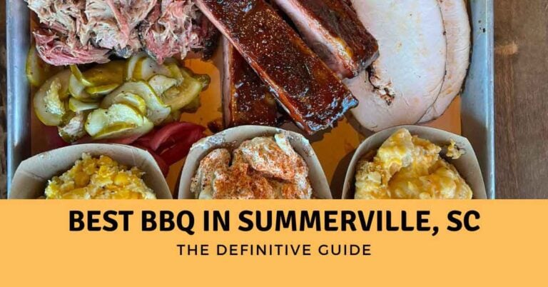 Barbecue platter with pulled pork, ribs, turkey, pickles, and sides for the Best BBQ in Summerville, SC guide.