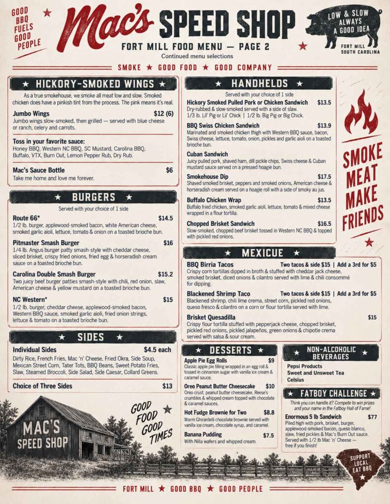 Menu 2 for Mac’s Speed Shop in Fort Mill