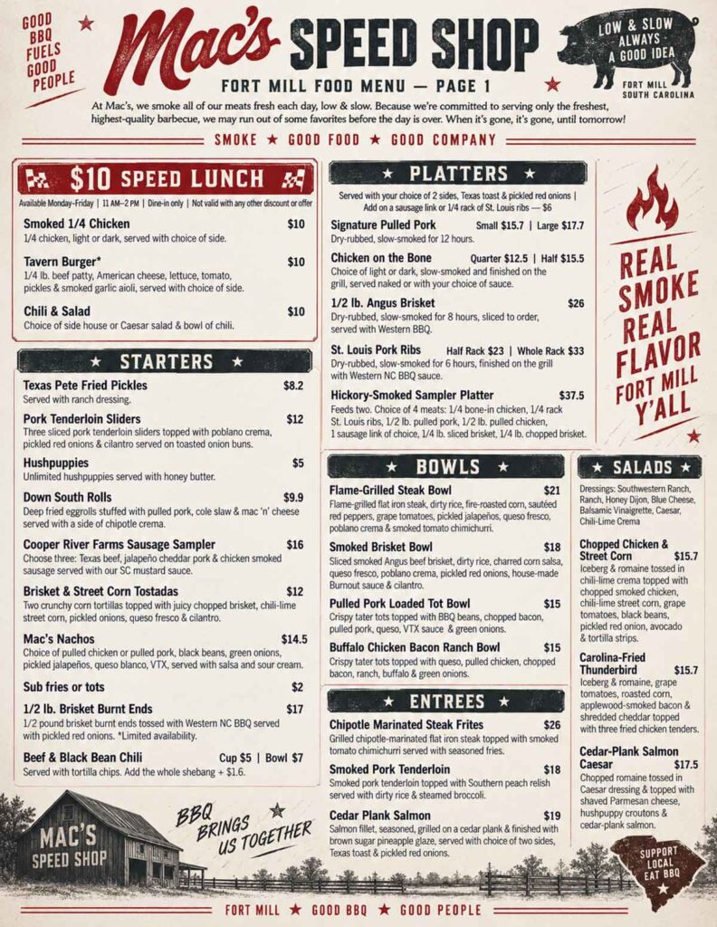 Menu for Mac’s Speed Shop in Fort Mill